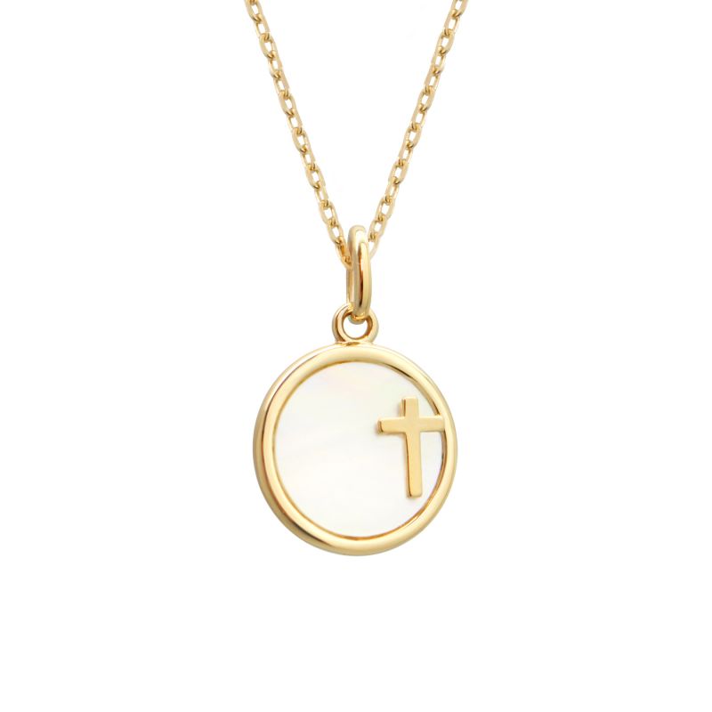 Collier médaille nacre et croix en plaqué or