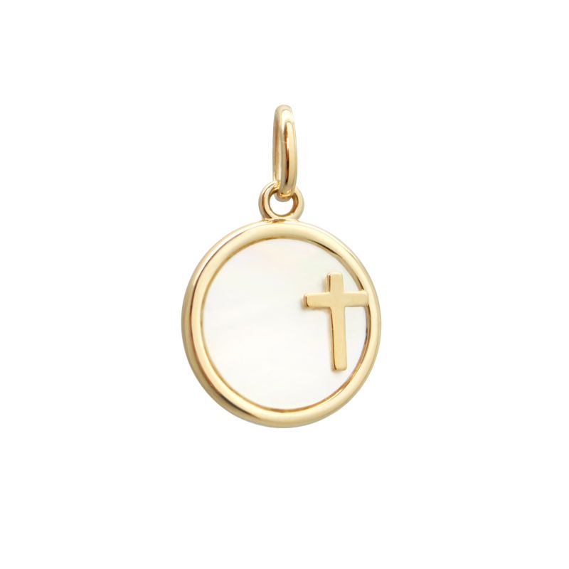 Pendentif médaille nacre et croix en plaqué or